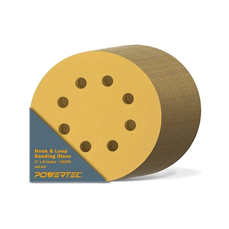 Powertec Gold A/O Hook and Loop Sanding Disc, 5 in. x 8 Holes, 220 Grit, 100PK 44022G-50-P2